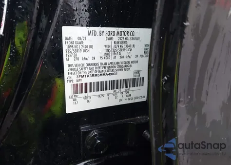 2021 Ford Mustang Mach-E Premium z USA, uszkodzony, nr VIN 3FMTK3RM5MMA49031